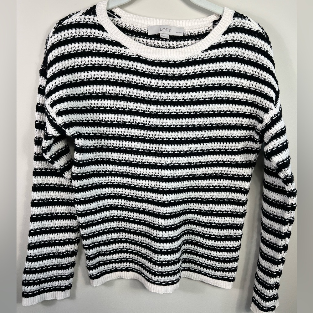 Ann Taylor Loft cotton knitted sweater, black white stripe extra small petite